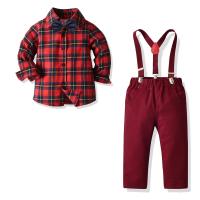 Cotton Boy Clothing Set & two piece suspender pant & top plaid Set