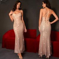 Sequin & Polyester Slim Long Evening Dress backless patchwork Solid champagne PC