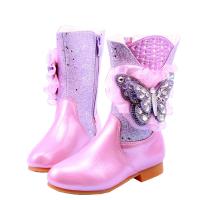 Beef Tendon & PU Leather side zipper Children Boots & thermal & with rhinestone butterfly pattern Pair