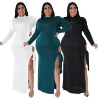 Polyester long style & Plus Size One-piece Dress side slit patchwork Solid PC