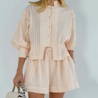 Cotton Women Casual Set & two piece short & long sleeve blouses patchwork Apricot Set