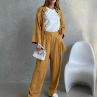 Cotton Women Casual Set & two piece Long Trousers & long sleeve shirt patchwork Solid yellow Set