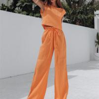Cotton Women Casual Set & two piece Long Trousers & sleeveless blouses patchwork Solid orange Set
