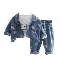 Cotton Slim Boy Clothing Set & three piece Pants & top & coat printed light blue Set