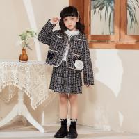 Polyester Girl Clothes Set & three piece skirt & coat plaid white and black Set