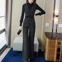 Polyester Wide Leg Trousers Women Casual Set & two piece suspender pant & top patchwork Solid Set