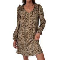 Polyester scallop One-piece Dress mid-long style & deep V & loose leopard khaki PC