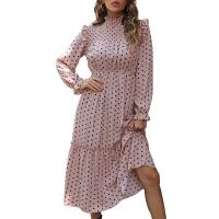Polyester stringy selvedge & High Waist One-piece Dress mid-long style dot pink PC