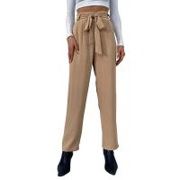 Polyester Nine Point Pants & High Waist Women Long Trousers & loose Solid khaki PC