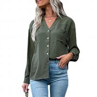 Polyester Women Long Sleeve Shirt & with pocket patchwork Solid army green PC