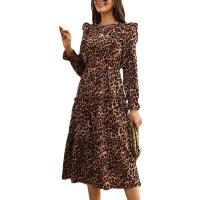 Polyester stringy selvedge & scallop & A-line One-piece Dress mid-long style printed leopard PC
