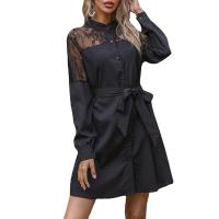 Polyester A-line One-piece Dress see through look Lace patchwork Solid black PC