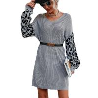 Polyester Sweater Dress deep V & loose leopard gray PC