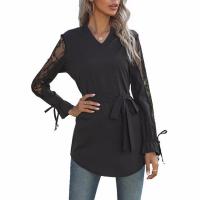 Polyester scallop & Slim Women Long Sleeve Shirt mid-long style patchwork Solid black PC
