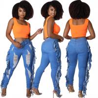 Cotton Ripped & Slim & Middle Waist Women Jeans flexible Solid blue PC