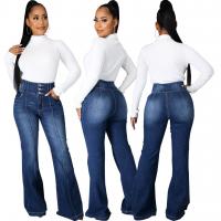 Cotton Slim & bell-bottom & High Waist Women Jeans flexible Solid deep blue PC