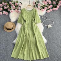Cotton Waist-controlled One-piece Dress large hem design Solid : PC