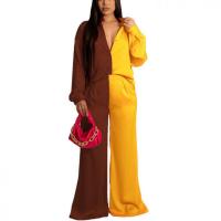 Polyester Women Casual Set & two piece & loose Wide Leg Trousers & top patchwork Solid Set