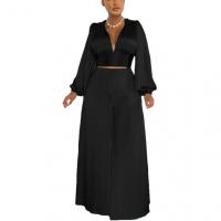 Polyester Crop Top & High Waist Women Casual Set & two piece & loose Wide Leg Trousers & top Solid Set