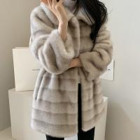 Artificial Fur Women Cardigan mid-long style & thermal Solid gray PC