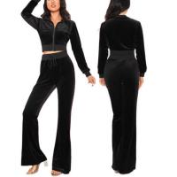 Polyester Crop Top & High Waist Women Casual Set & two piece Pants & top Solid Set