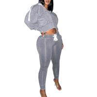 Polyester With Siamese Cap & Crop Top Women Casual Set & two piece Pants & top Solid gray Set