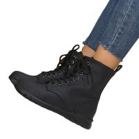 PU Leather front drawstring & side zipper Women Martens Boots Solid Pair