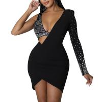 Polyester Slim Sexy Package Hip Dresses deep V iron-on Solid PC