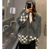 Polyester Women Coat loose knitted plaid : PC