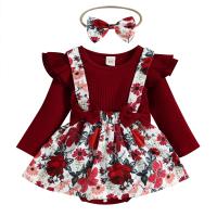 Cotton Baby Clothes Set & three piece headband & suspender skirt & top floral red Set