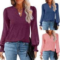 Artificial Fibre & Polyester stringy selvedge Women Long Sleeve T-shirt & loose patchwork Solid PC
