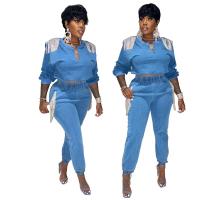 Polyester Tassels Women Casual Set deep V & two piece Long Trousers & top Solid sky blue Set