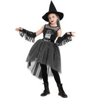 Polyester Children Halloween Cosplay Costume & for girl & four piece hair accessories & dress & glove & belt black Set