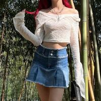Polyester Crop Top Women Long Sleeve T-shirt patchwork Solid white PC
