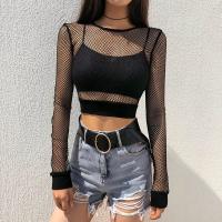 Polyester Slim Women Long Sleeve T-shirt see through look patchwork Solid black PC