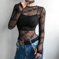 Polyester Slim Women Long Sleeve T-shirt see through look printed letter black PC