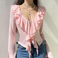Polyester Slim Women Long Sleeve Blouses patchwork Solid pink PC