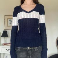 Viscose Slim Women Long Sleeve Blouses contrast color knitted striped blue PC