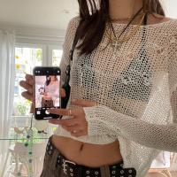 Polyester Slim Women Long Sleeve Blouses see through look knitted Solid white PC