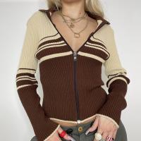 Viscose Slim Women Coat knitted striped khaki PC