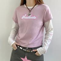 Cotton Women Long Sleeve T-shirt contrast color & fake two piece embroidered letter purple PC