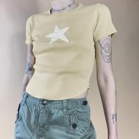 Polyester Slim Women Short Sleeve T-Shirts knitted star pattern khaki PC