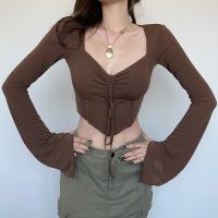 Cotton Slim Women Long Sleeve Blouses patchwork Solid brown PC