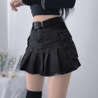 Polyester Pleated Jeans Dress slimming patchwork black PC