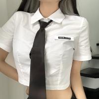 Cotton Crop Top Women Short Sleeve Shirt with tie patchwork white PC