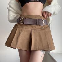 Cotton Pleated Package Hip Skirt & with belt patchwork Solid brown PC