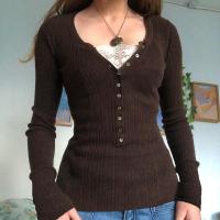 Polyester Slim Women Long Sleeve T-shirt knitted Solid brown PC