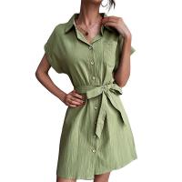 Polyester Slim Shirt Dress & with belt plain dyed Solid green PC
