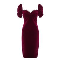Pleuche Sheath One-piece Dress plain dyed Solid wine red PC