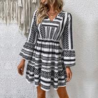 Polyester scallop & High Waist One-piece Dress printed white and black PC